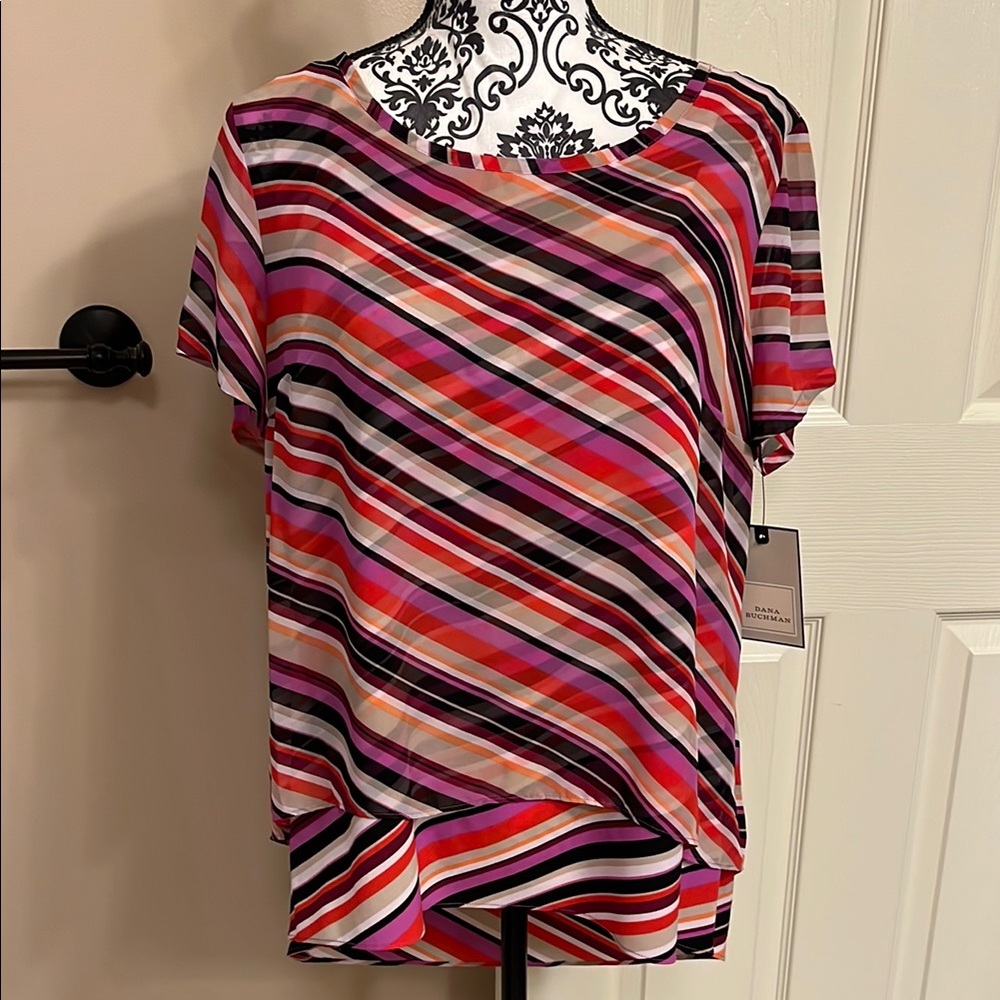 Dana Buchman Red and Black Short Sleeve Relaxed Multi-layer Blouse